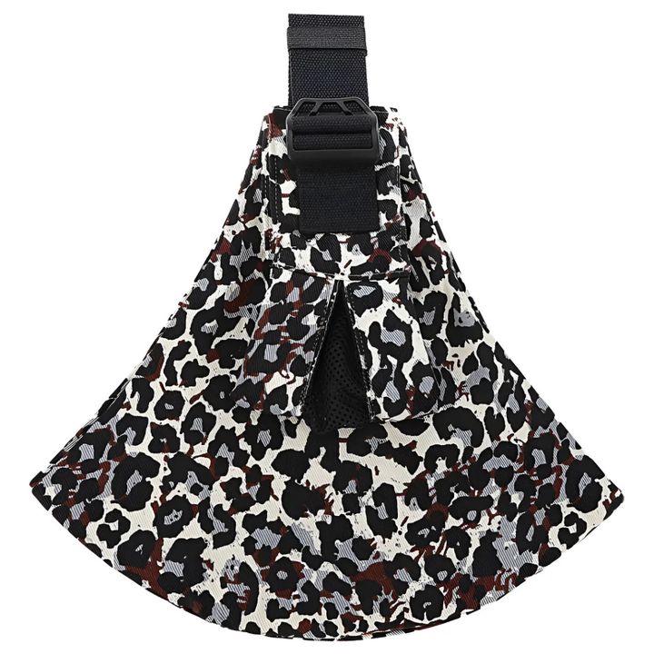 Burgundy, black, and white leopard-print hip carrier with an adjustable buckle