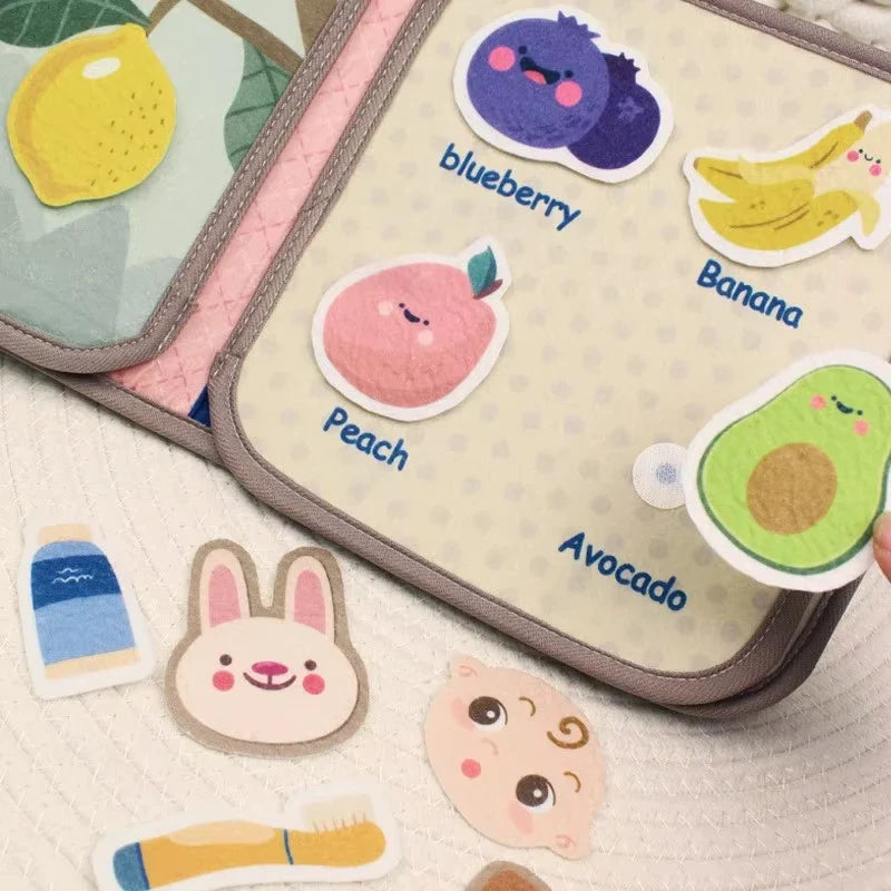Close-up of a fruit activity page with peach, blueberry, banana, and avocado pieces