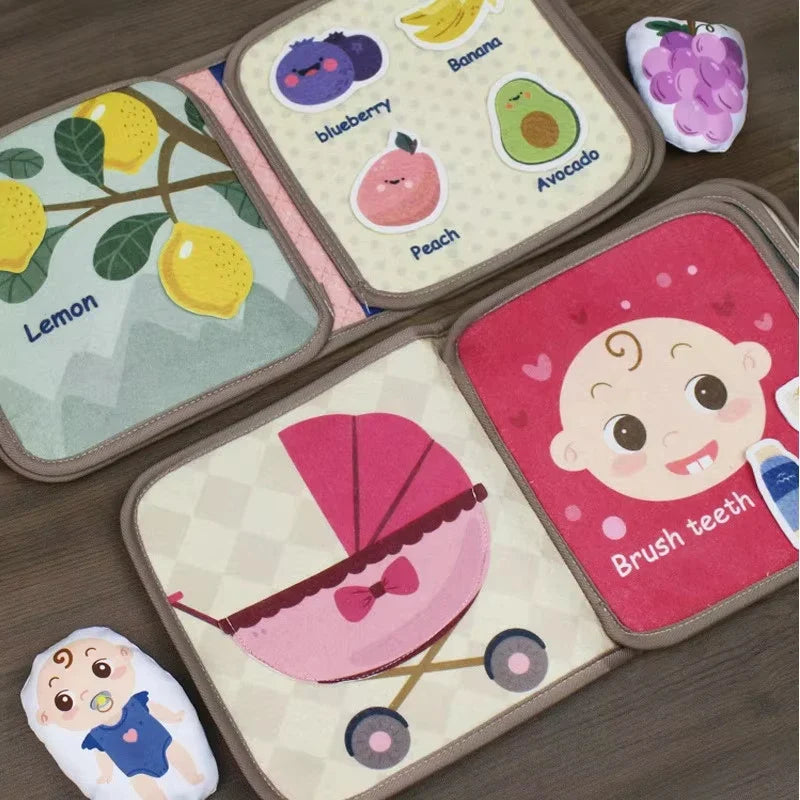 Busy book pages with removable fruit shapes, a stroller scene, and a toothbrushing activity