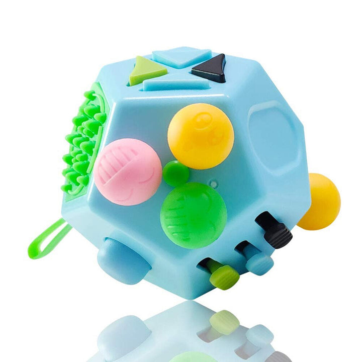 Light blue 12-sided fidget cube with yellow, pink and green buttons and small switches