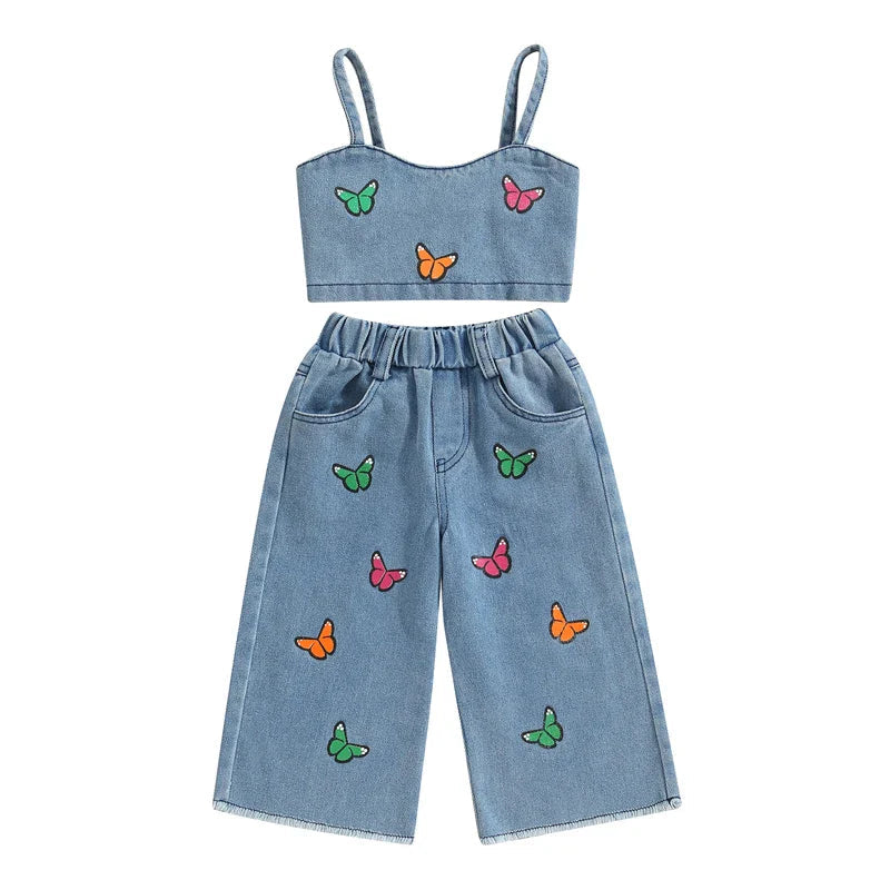 Blue denim top and wide-leg pants with colorful butterfly embroidery