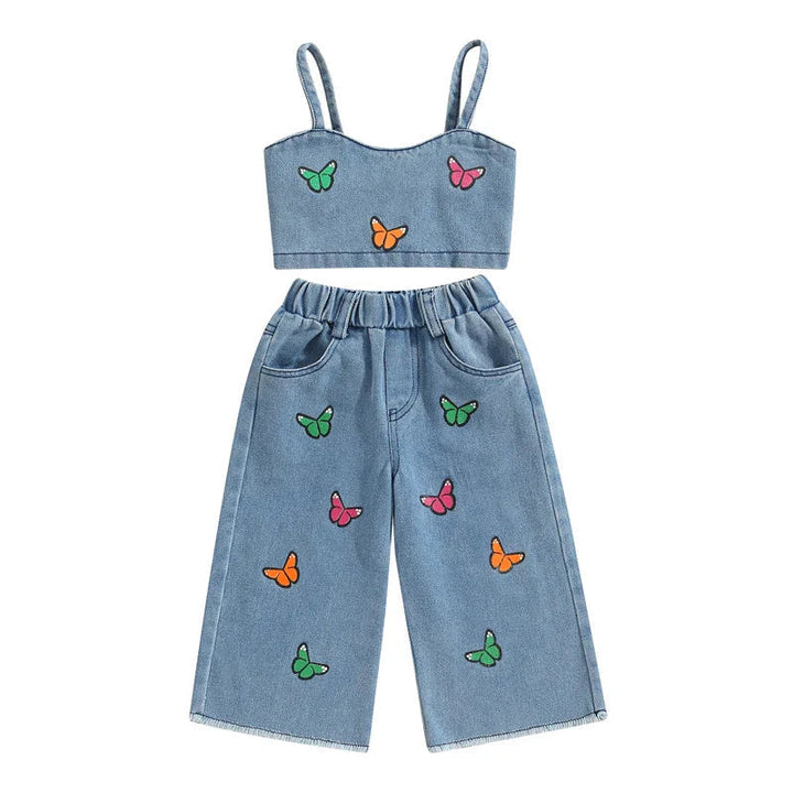 Blue denim top and wide-leg pants with colorful butterfly embroidery
