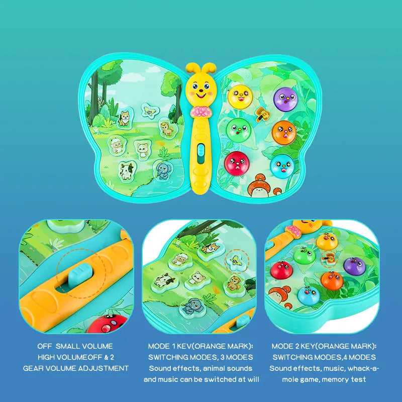 Butterfly learning toy with close-ups of its volume switch, animal buttons, and colored game buttons.