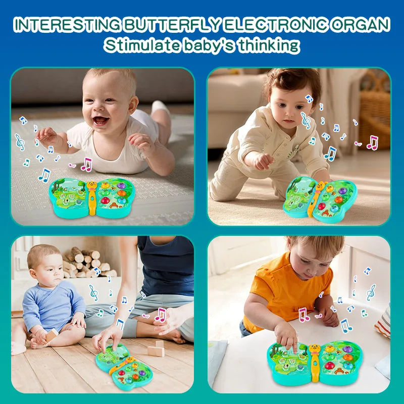 Four playtime scenes showing young children exploring the butterfly learning toy.