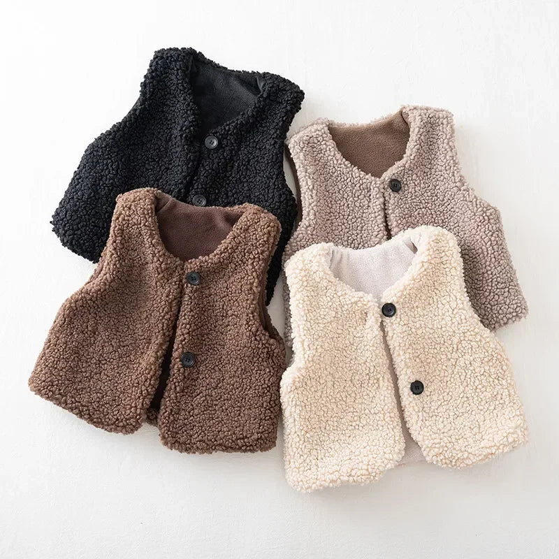 Four neutral-color plush vests showing sleeveless shapes and two-button fronts
