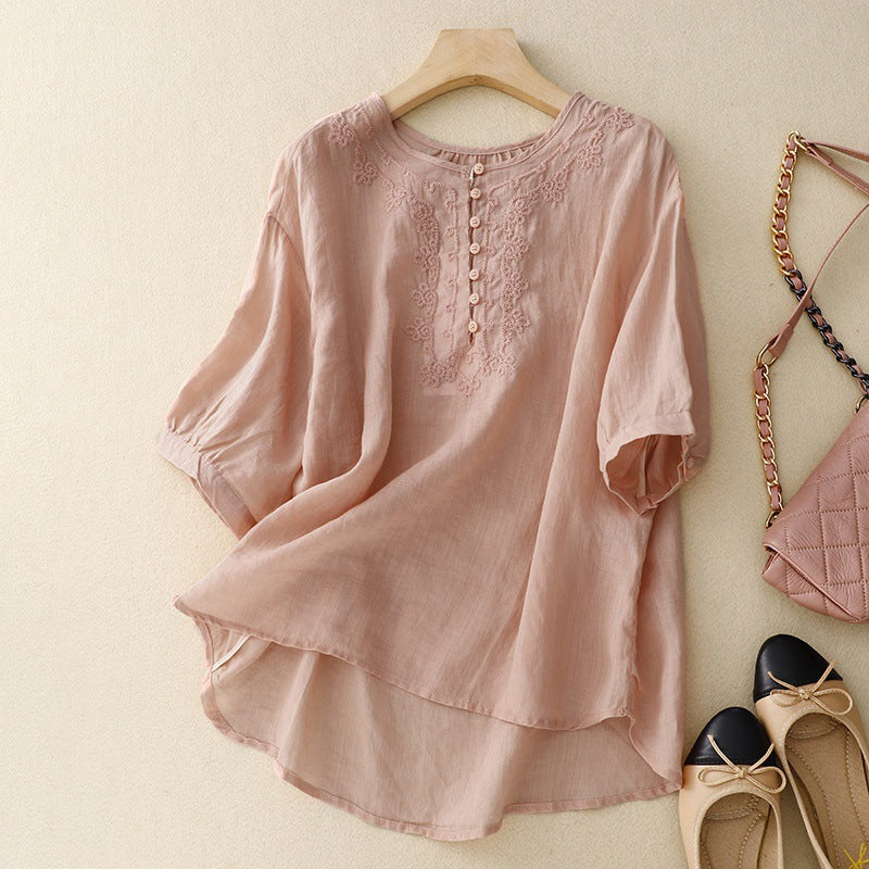 Mid-Sleeve Linen Blouse with Tonal Embroidery and Button Accents
