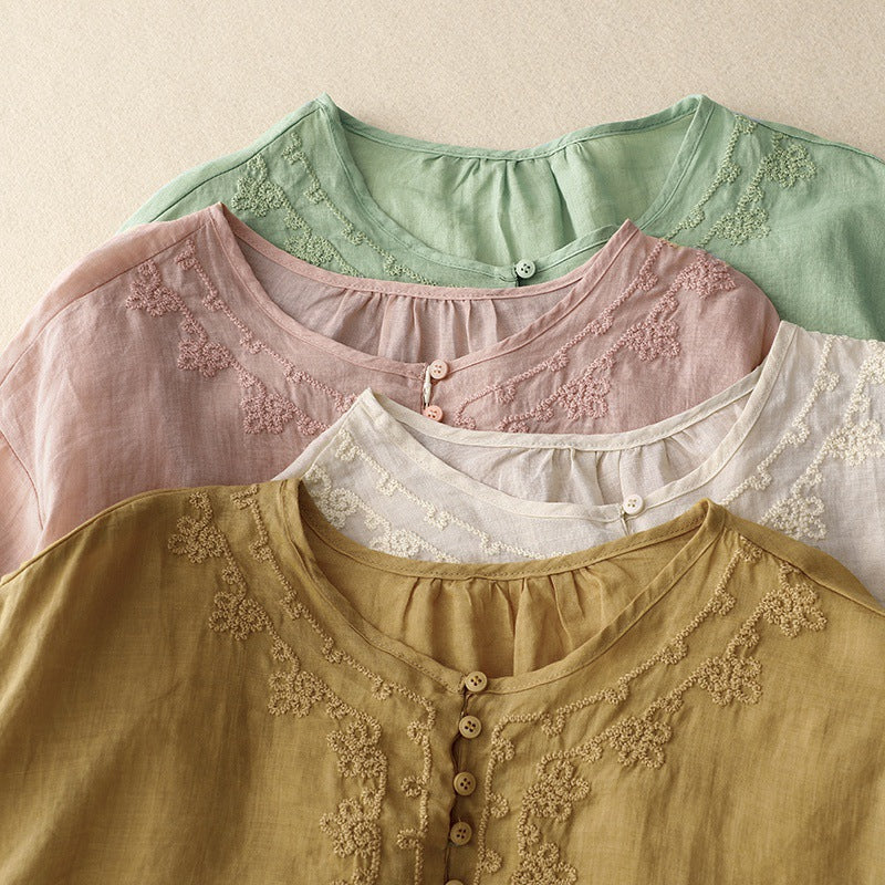 Mid-Sleeve Linen Blouse with Tonal Embroidery and Button Accents