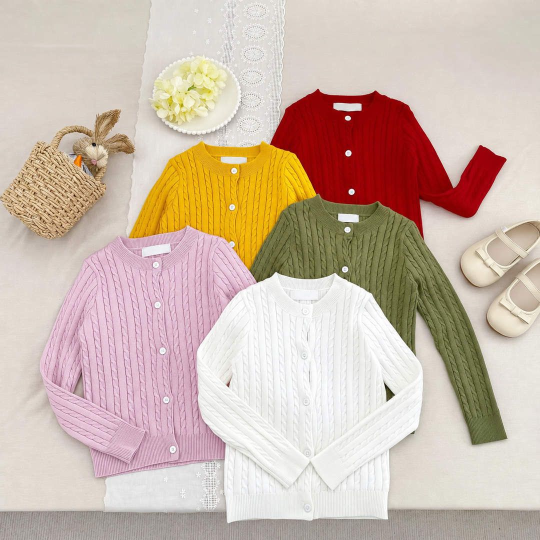 Cable-knit cardigans in white, pink, red, yellow, and green arranged with button fronts visible