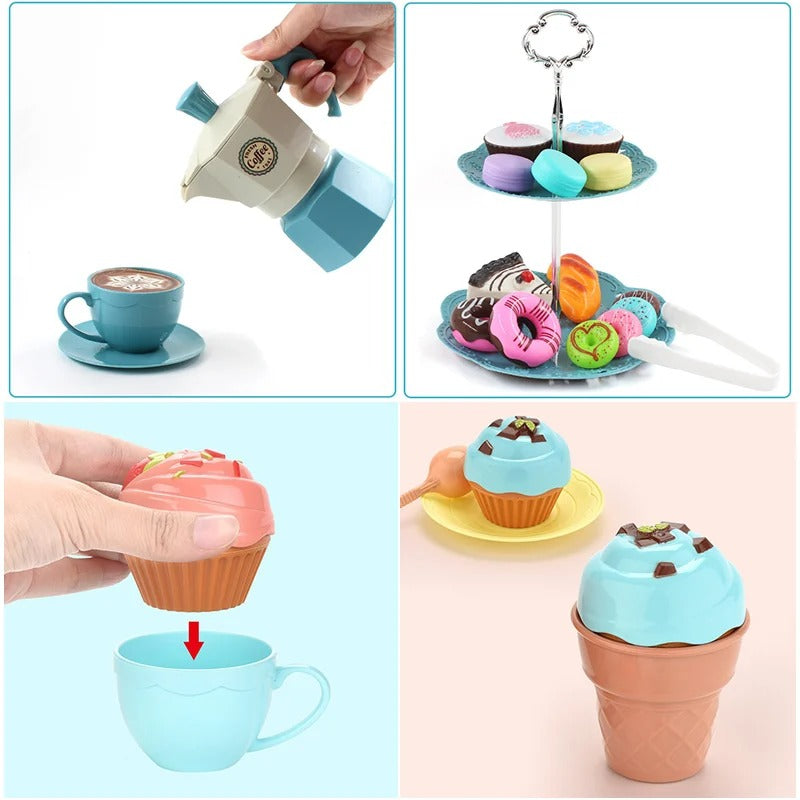 Cafe play details showing a tipped coffee pot, pastry stand and dessert pieces fitted into a cup and cone