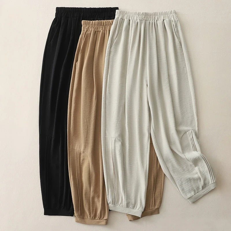 Calverly — Soft Linen Pants with Gathered Waist and Tapered Cuffs (Black XS) - | Zavonix