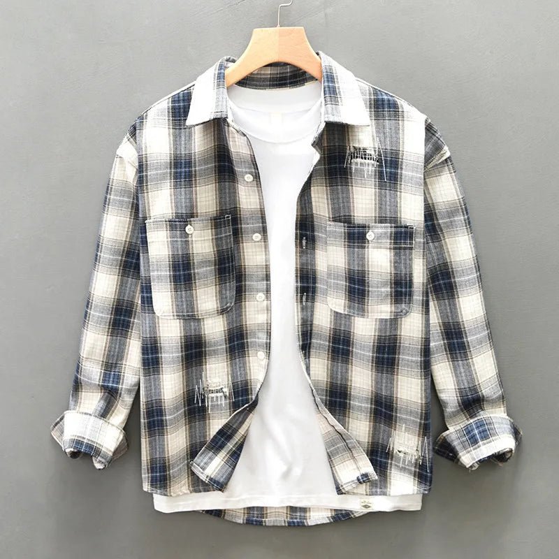 Calwen — Breathable Cotton - Linen Plaid Shirt with Dual Pockets (Blue XS) - | Zavonix