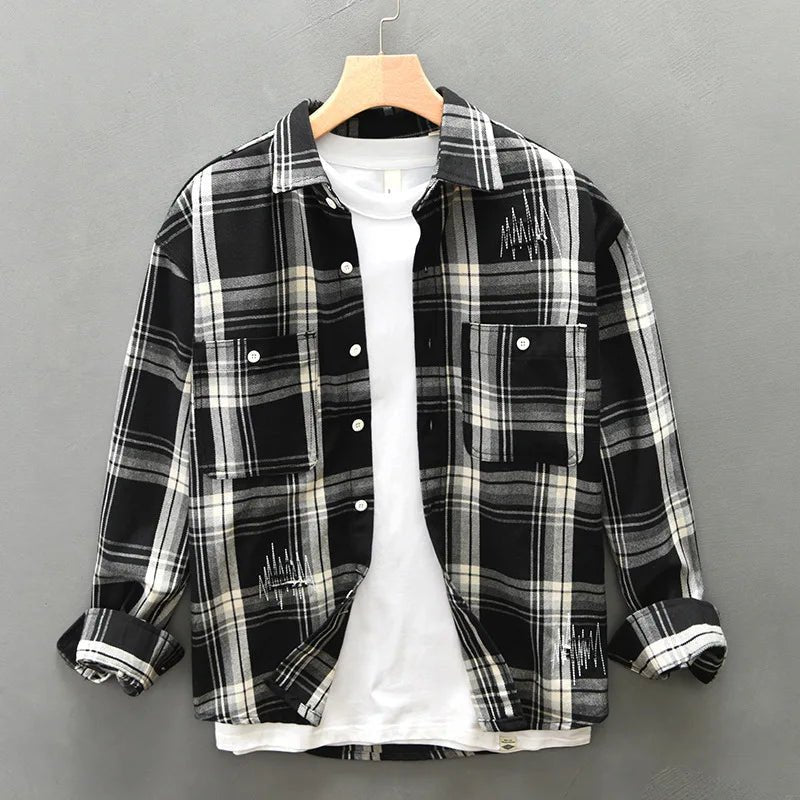 Calwen — Breathable Cotton - Linen Plaid Shirt with Dual Pockets (Blue XS) - | Zavonix