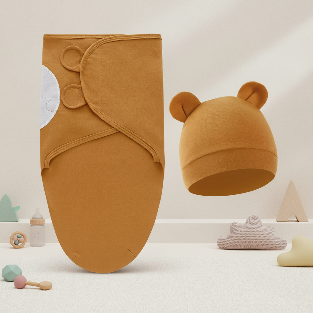 Camel-colored wrap with overlapping flaps and a matching rounded-ear hat.