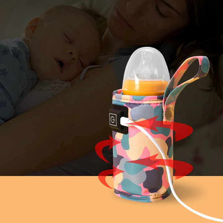 Camouflage bottle warmer with illustrated heating arrows and a resting parent and baby in the background.