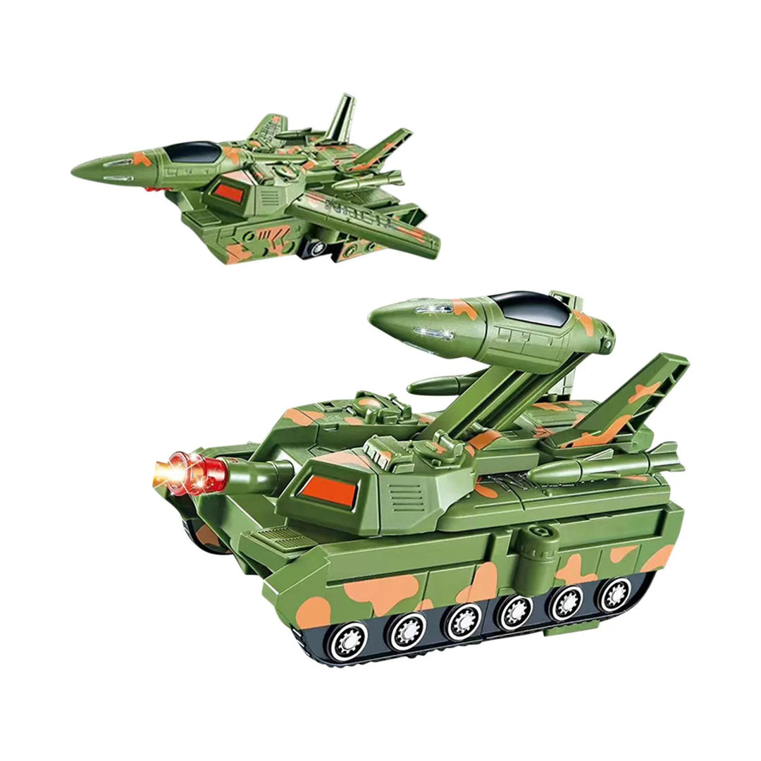 Green camouflage transforming toy shown in jet and tank forms