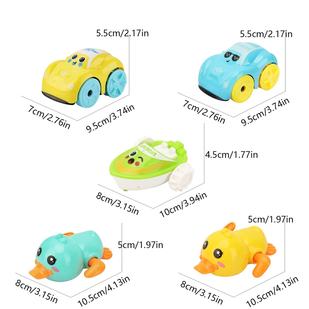 Dimension chart for the car, duck, and boat bath toy designs.