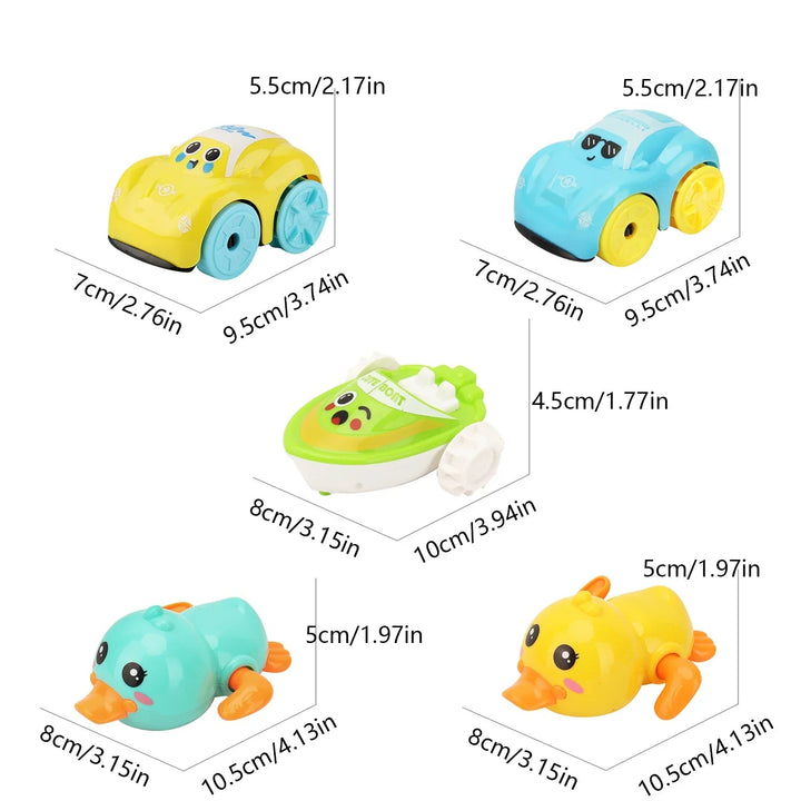 Dimension chart for the car, duck, and boat bath toy designs.