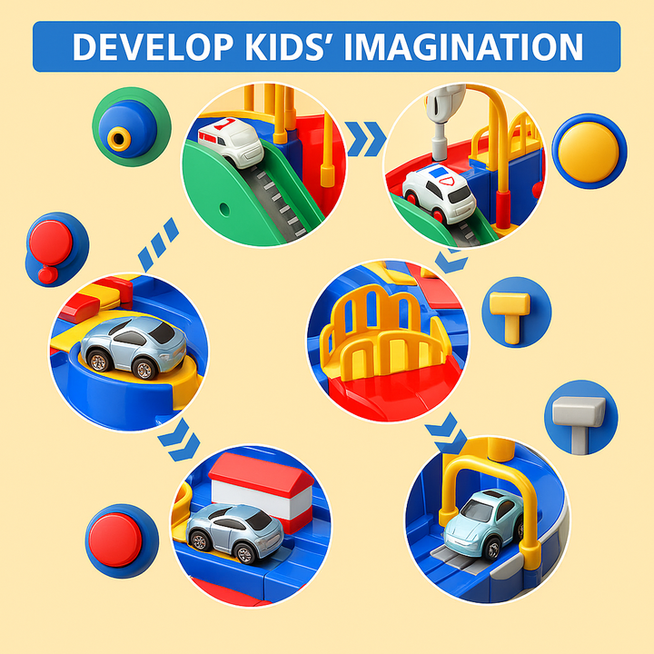 Diagram showing how colorful controls move cars through ramps, bridges, and lifting stations