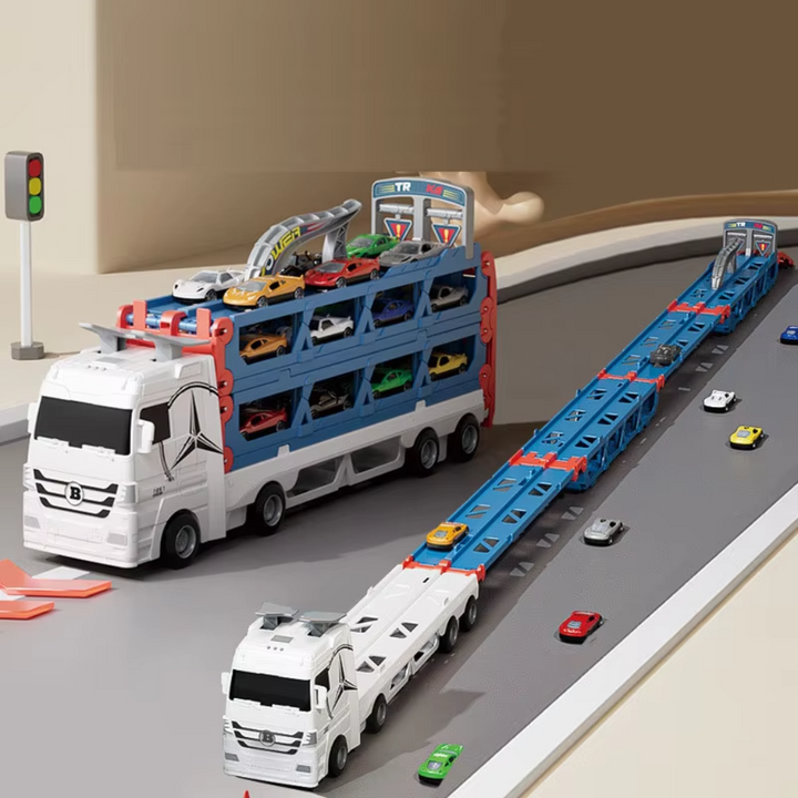 Car transporter shown as a loaded blue carrier and an extended racing track with colorful cars