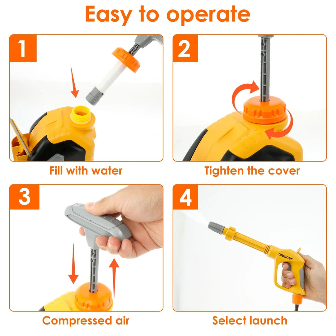 Four-step guide showing how to fill the tank, tighten the cap, pump the handle and use the spray wand