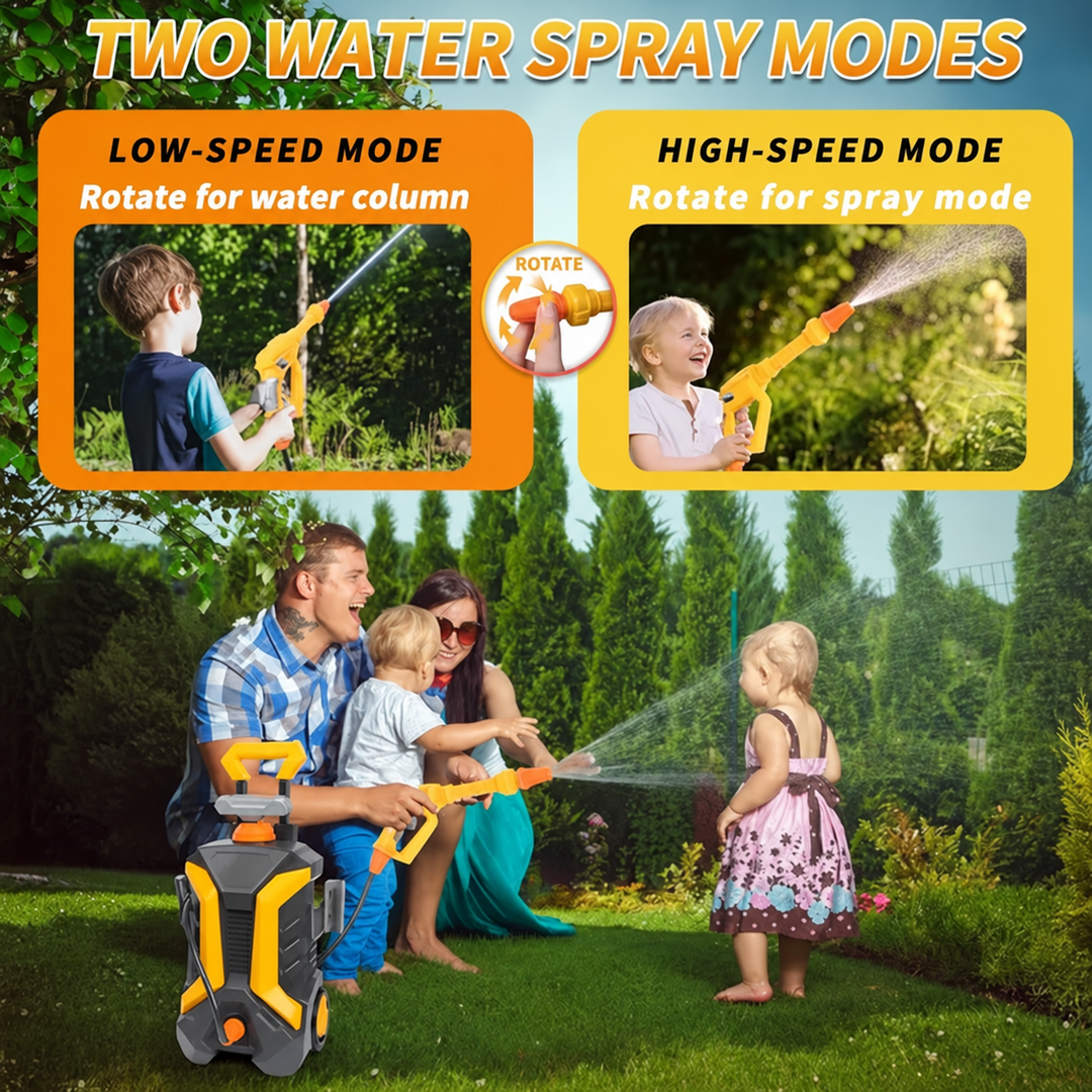 Two spray patterns shown with children and a family using the toy car wash sprayer outdoors.