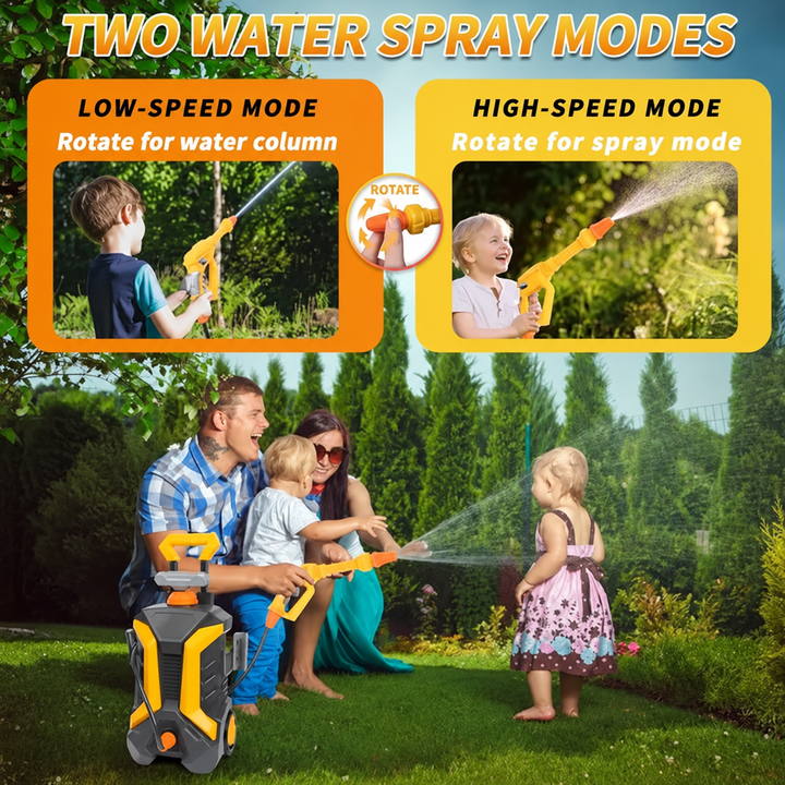 Two spray patterns shown with children and a family using the toy car wash sprayer outdoors.