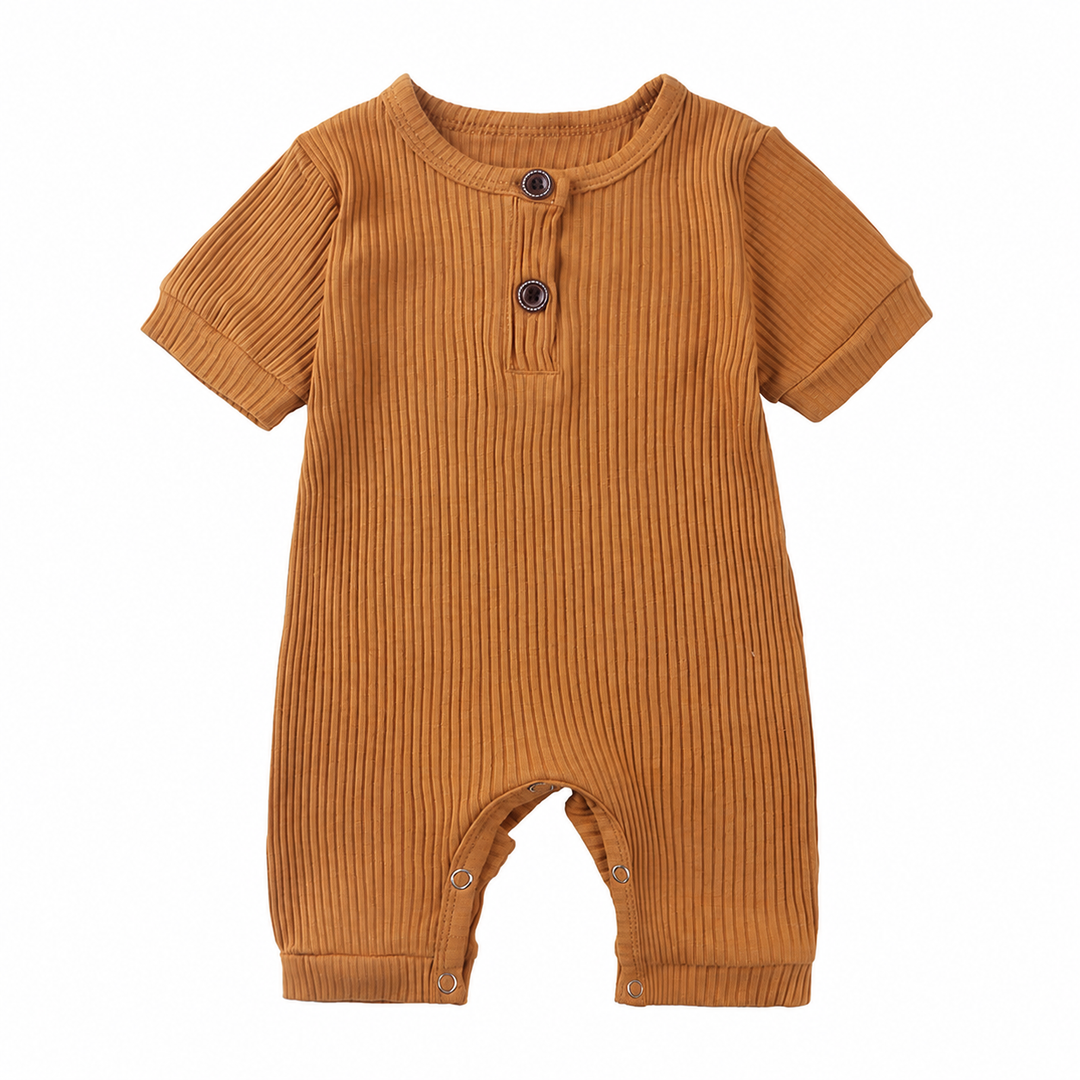 Caramel brown ribbed baby romper with short sleeves and a round button neckline