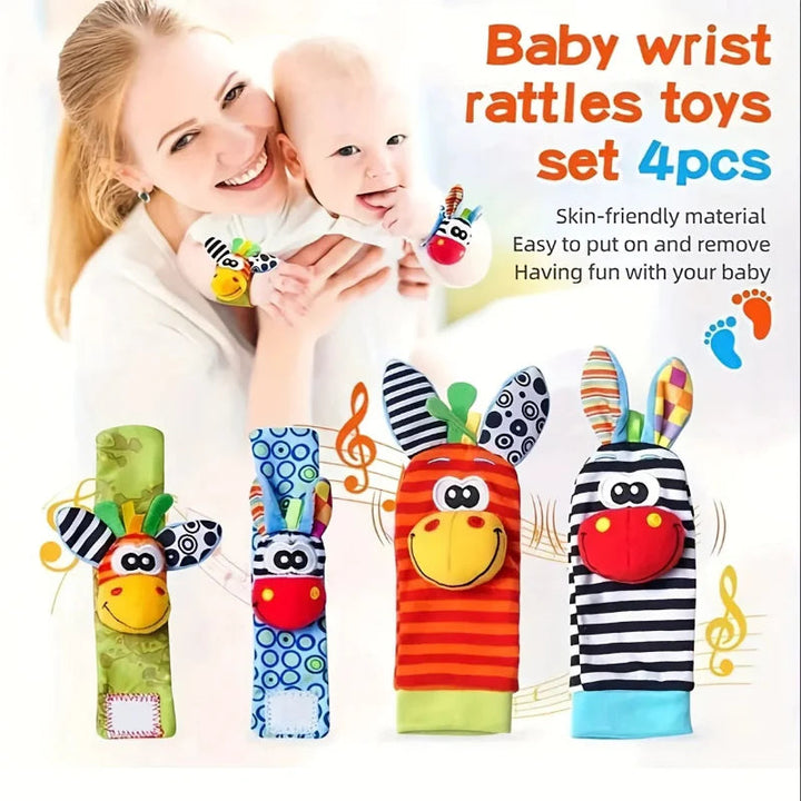 Caregiver holding a baby above a close-up of the four animal wrist and sock rattles.
