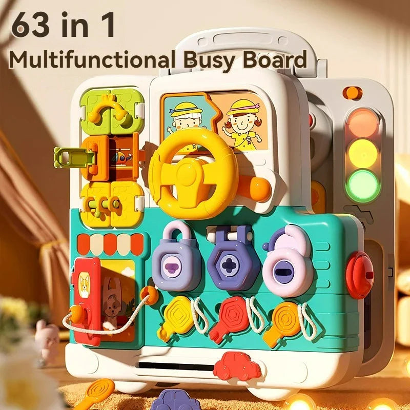 Closed activity suitcase with a carrying handle, steering wheel, traffic lights, locks, and keys
