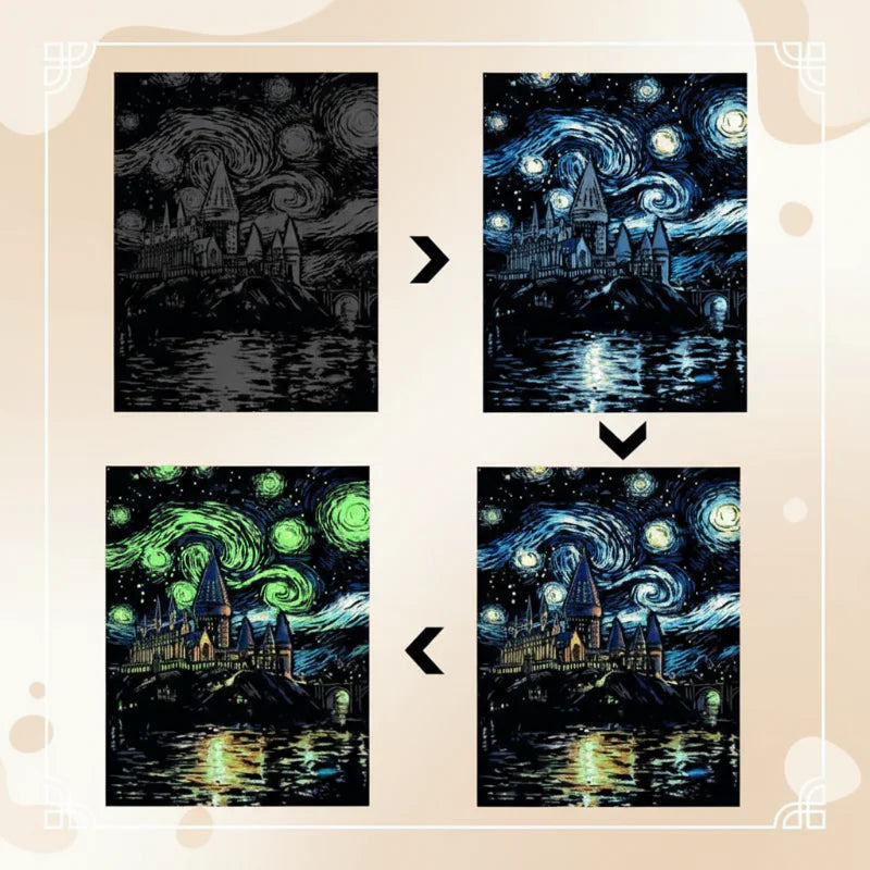 Castle scratch card shown before scratching, with revealed colors, and with glowing details