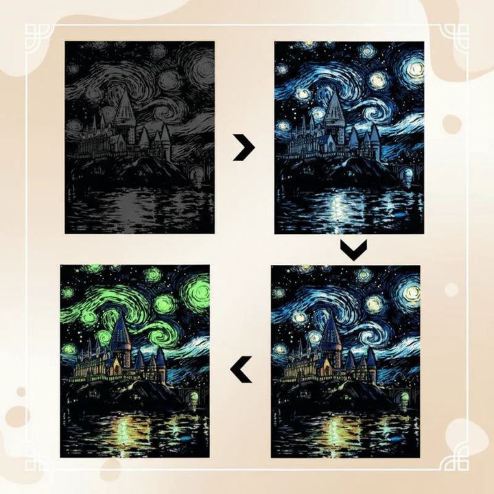 Castle scratch card shown before scratching, with revealed colors, and with glowing details