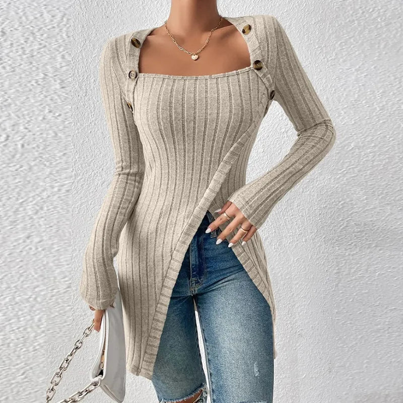 Casual Long Sleeve Top - Relaxed Fit Long Sleeve Shirt (Beige S) - | Zavonix