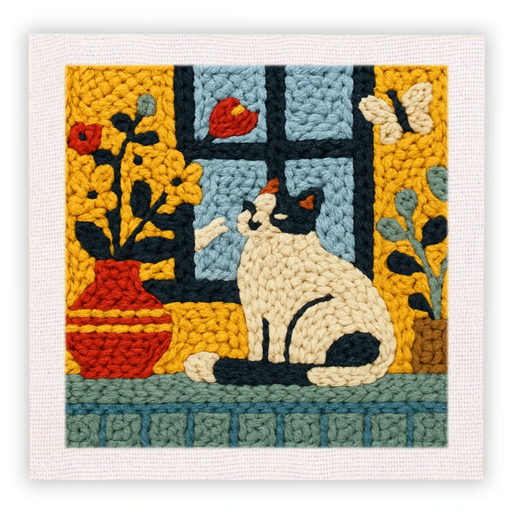 Black-and-white cat embroidery beside a vase of flowers and a window.