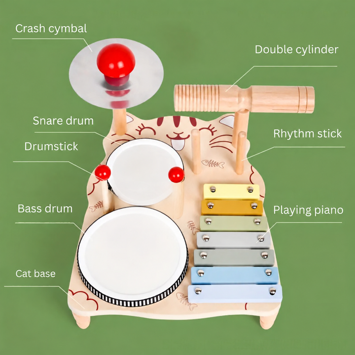 Labeled overview showing two drums, a xylophone, a cymbal, and wooden rhythm pieces