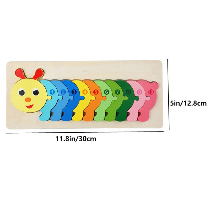 Caterpillar wooden number puzzle with a 30 cm length and 12.8 cm width