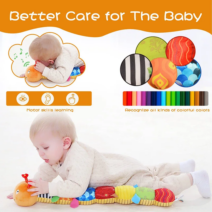Baby exploring an orange caterpillar rattle during tummy time, with colorful fabric detail callouts