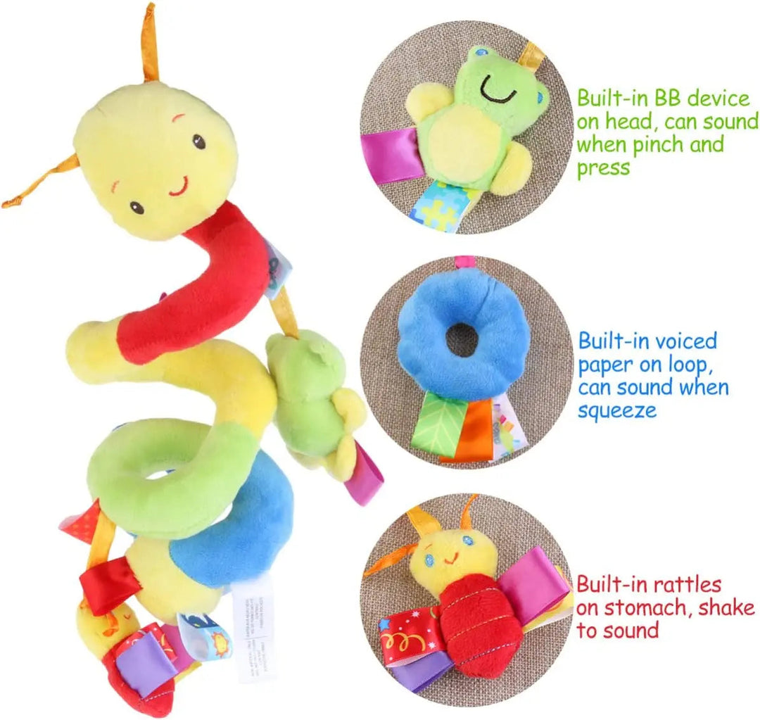 Caterpillar spiral toy with close-ups of its squeaker, crinkly ring, and rattle