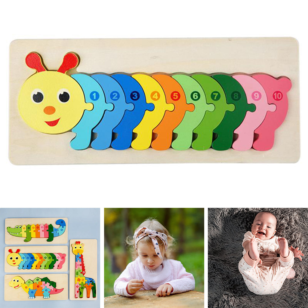 Caterpillar puzzle with colorful pieces numbered 1 to 10 in a wooden tray