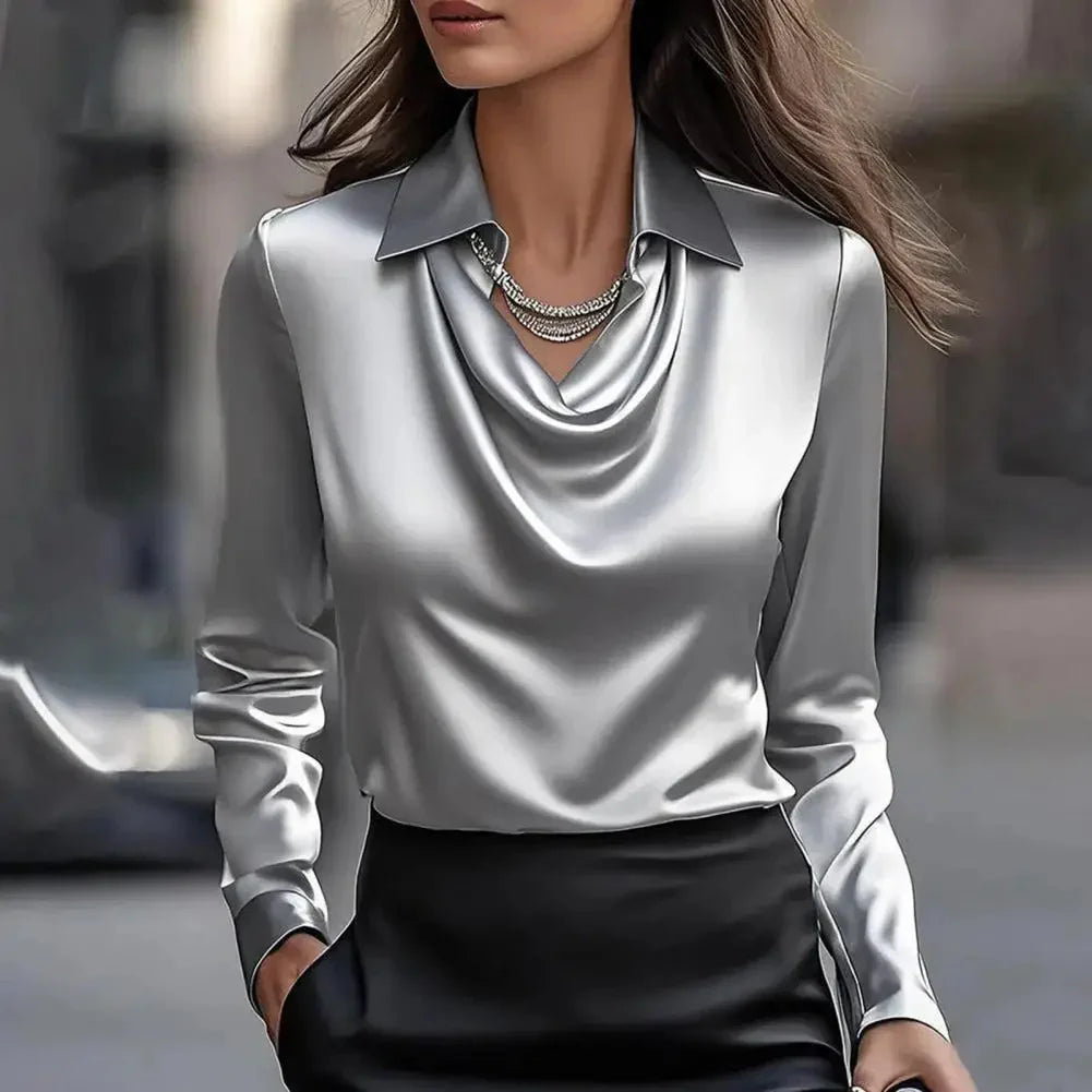 Women’s Blouse | Draped Neckline | Elegant Long Sleeve Design