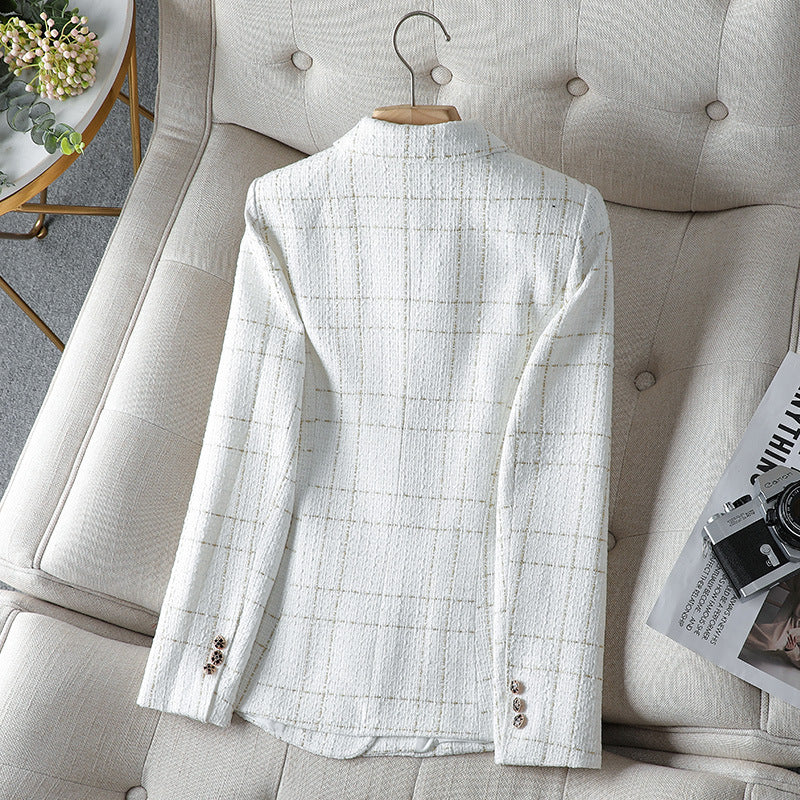 Women's Structured Cotton Blazer with Elegant Plaid Weave