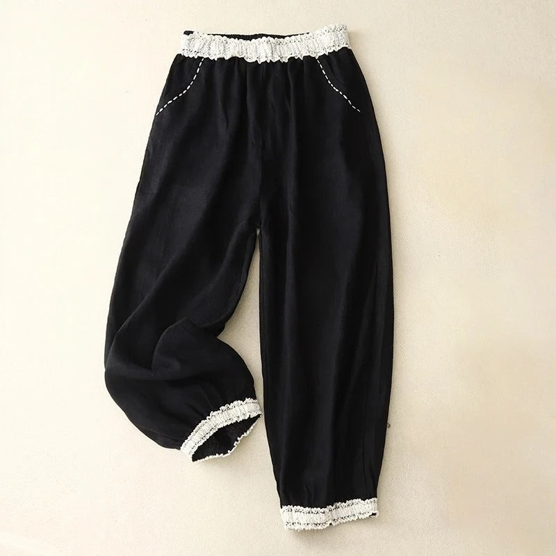 Taleno Linen Pants — Lightweight Balloon Trousers with Vintage Lace Trim