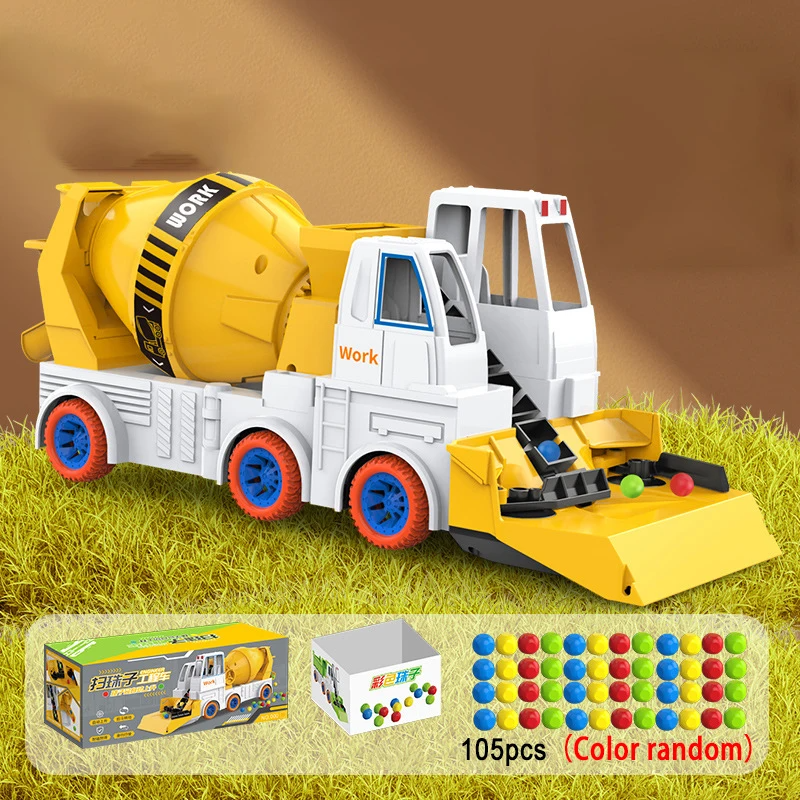 Yellow cement mixer truck with balls, a container, and packaging for the 105-piece option