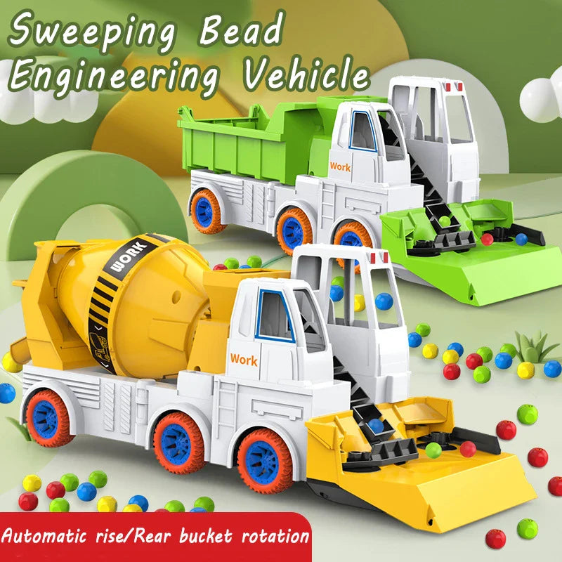 Yellow cement mixer and green dump truck toys with front scoops and colorful balls