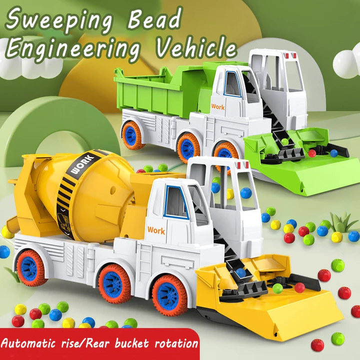 Yellow cement mixer and green dump truck toys with front scoops and colorful balls