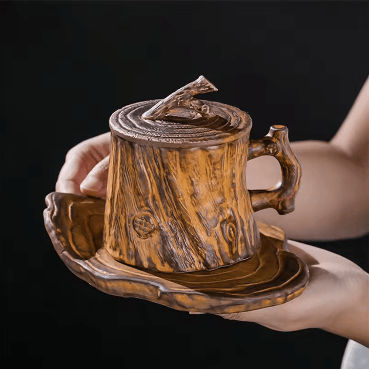 Ceramic Mug with Woodgrain Finish and Insulated Lid – Perfect for Hot Beverages 0