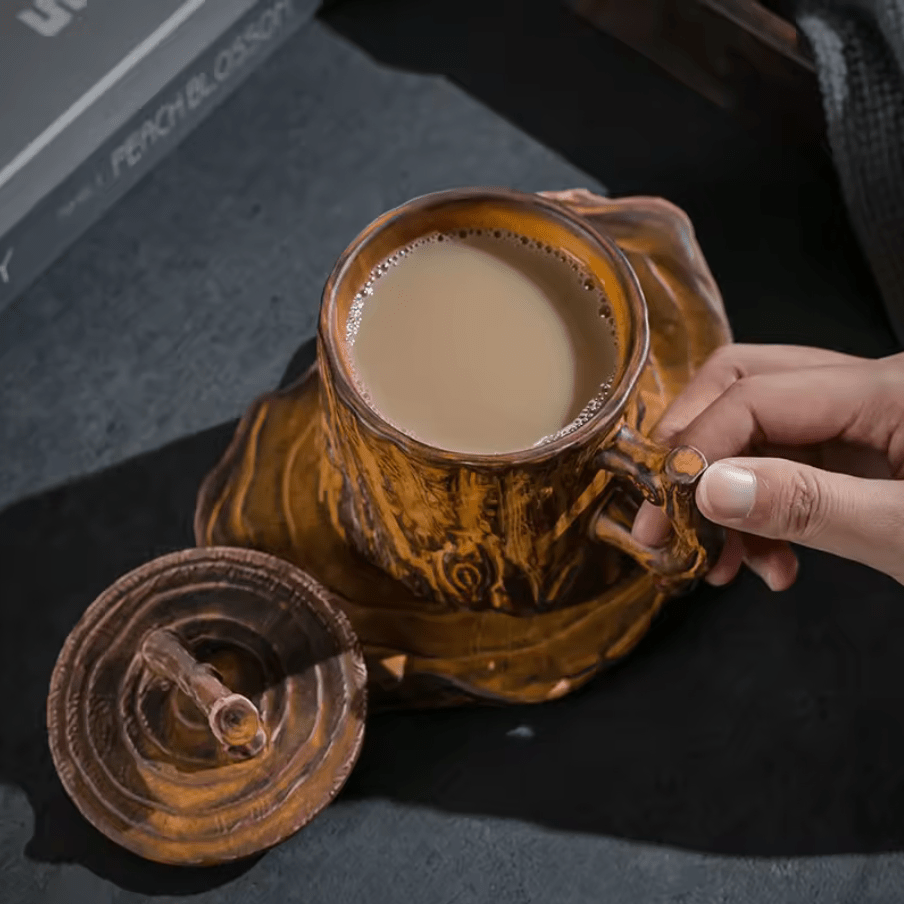 Ceramic Mug with Woodgrain Finish and Insulated Lid – Perfect for Hot Beverages 4