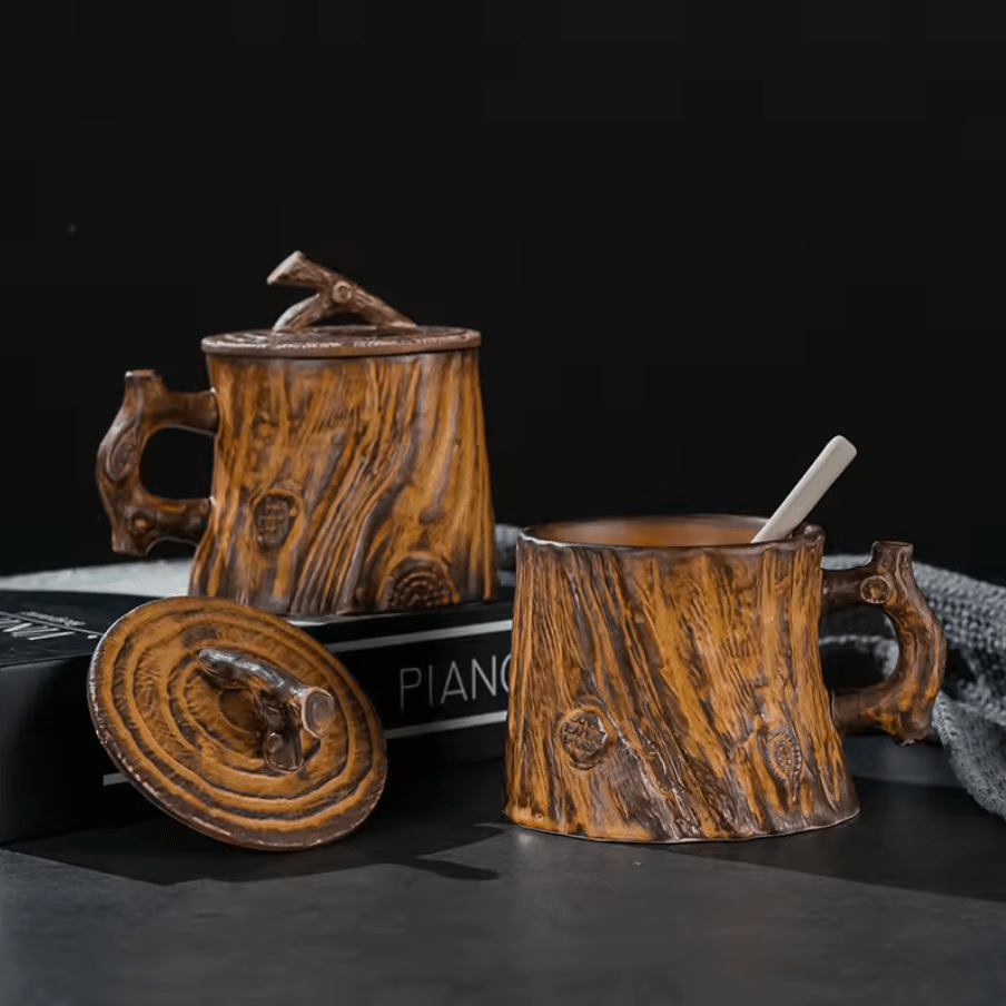 Ceramic Mug with Woodgrain Finish and Insulated Lid – Perfect for Hot Beverages 3