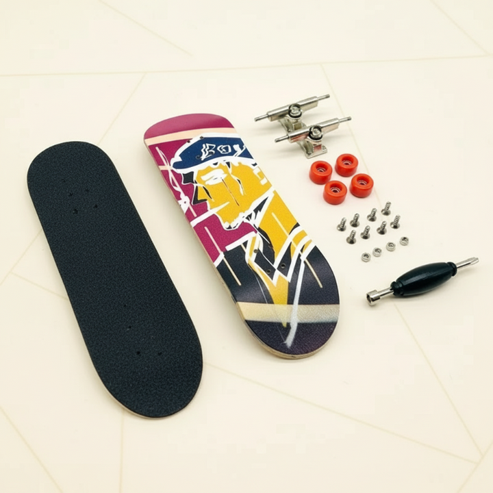 Character-print fingerboard deck with black grip pad, red wheels, metal trucks, hardware, and a tool.