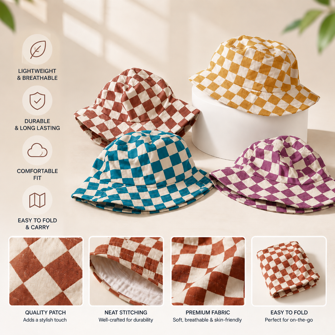 Checkered bucket hats with close-ups of the stitching, fabric, patch, and folded shape