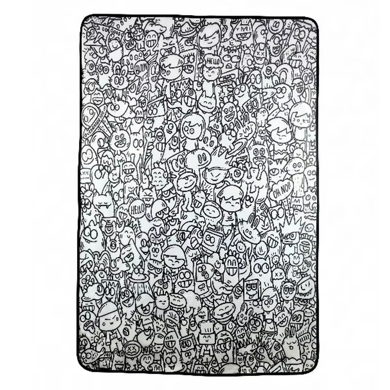 Coloring mat filled with cheerful cartoon faces and characters